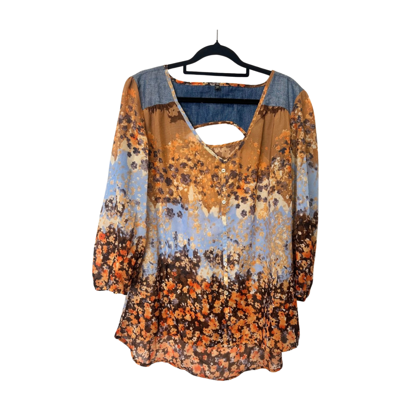 Watercolor Blouse with Denim Trim