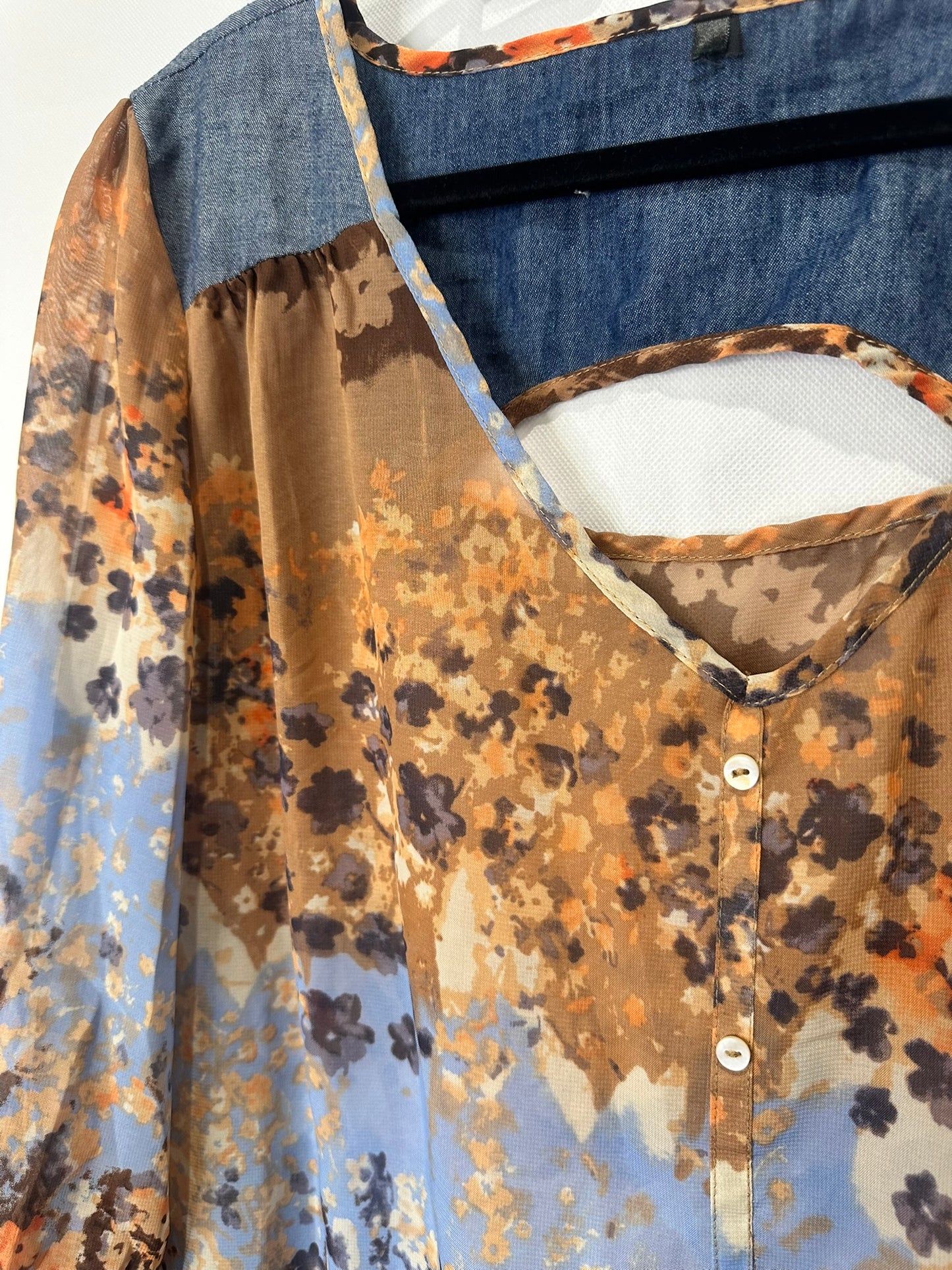 Watercolor Blouse with Denim Trim