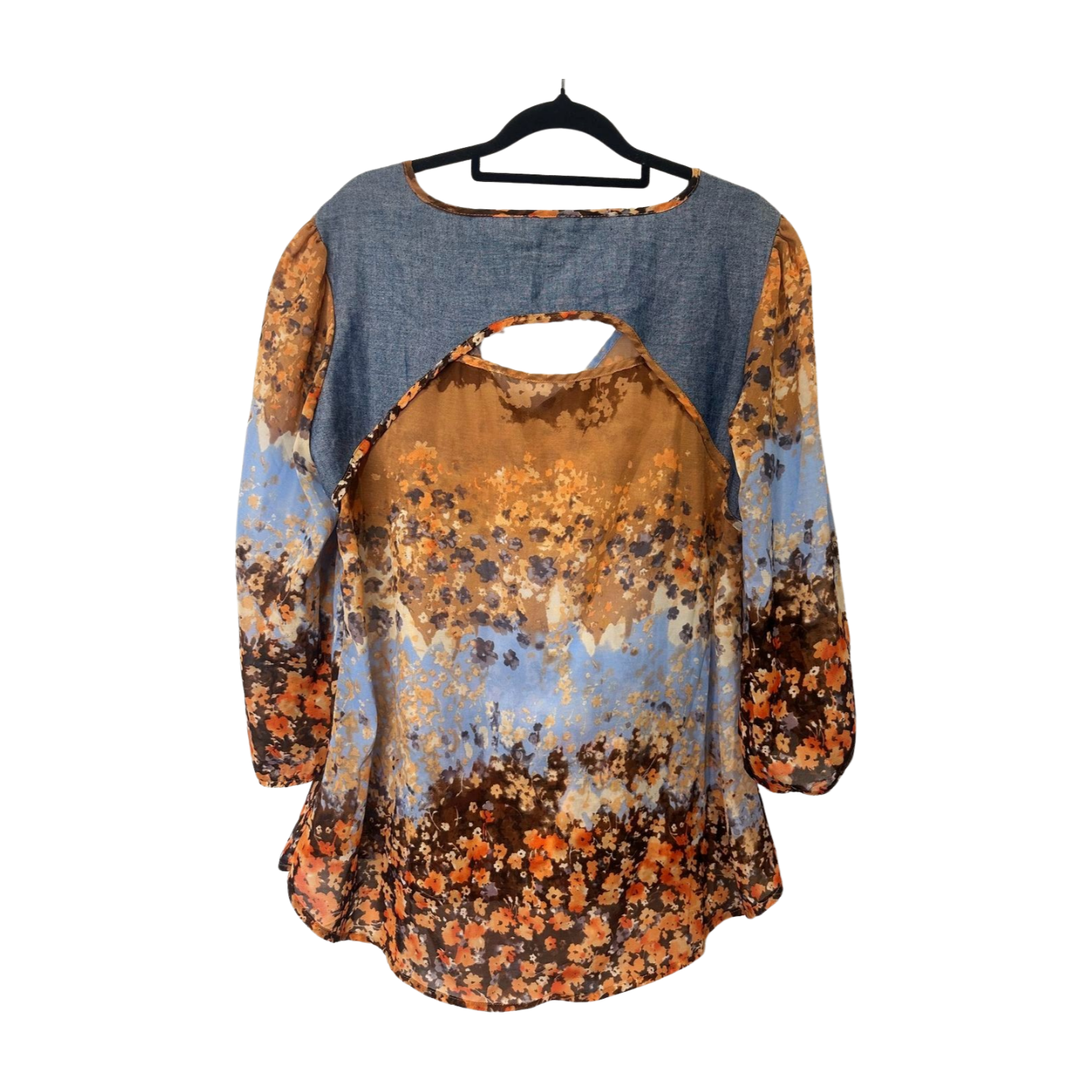 Watercolor Blouse with Denim Trim