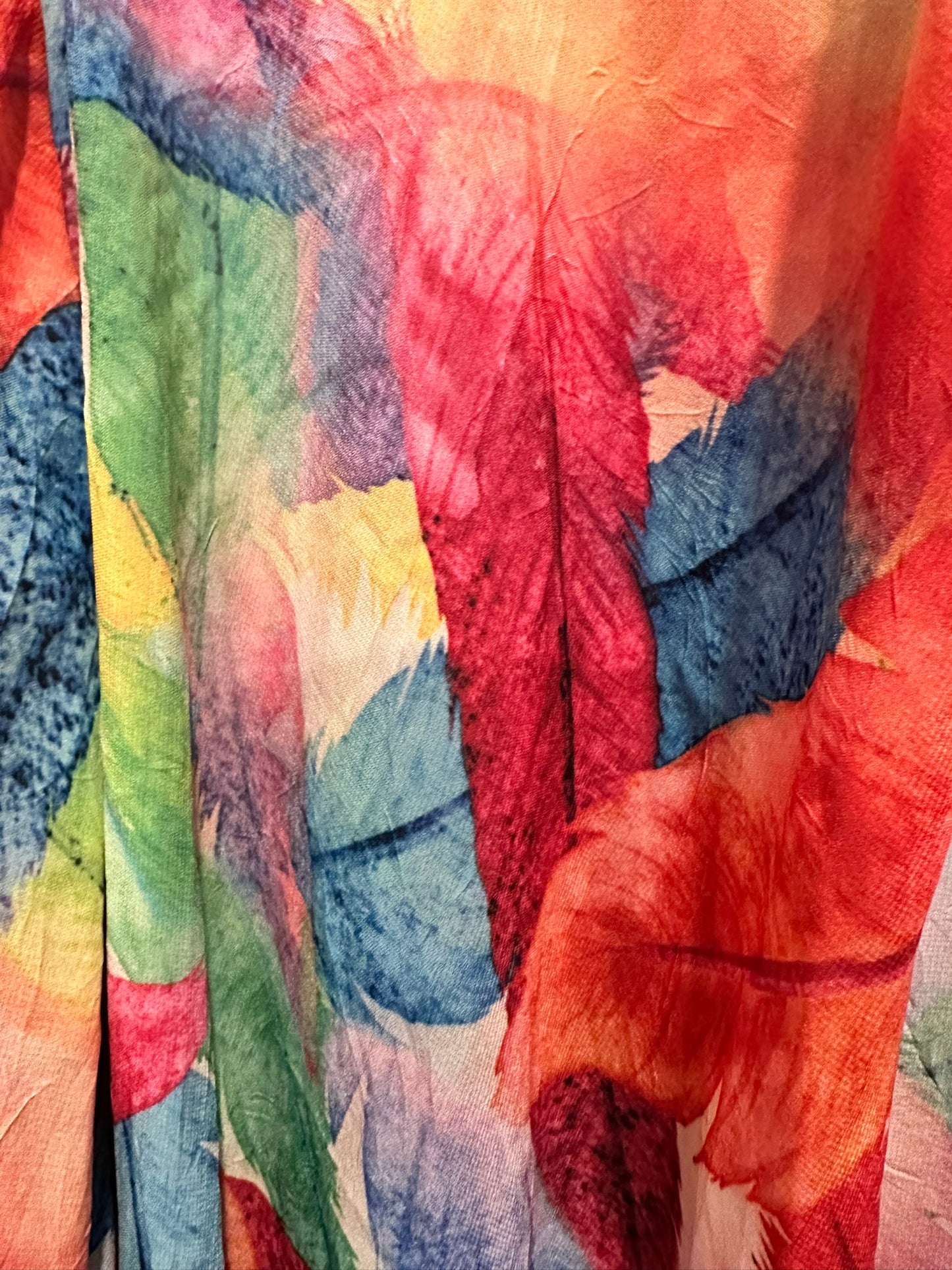 Vibrant Feather Print Sheer Drape Jacket
