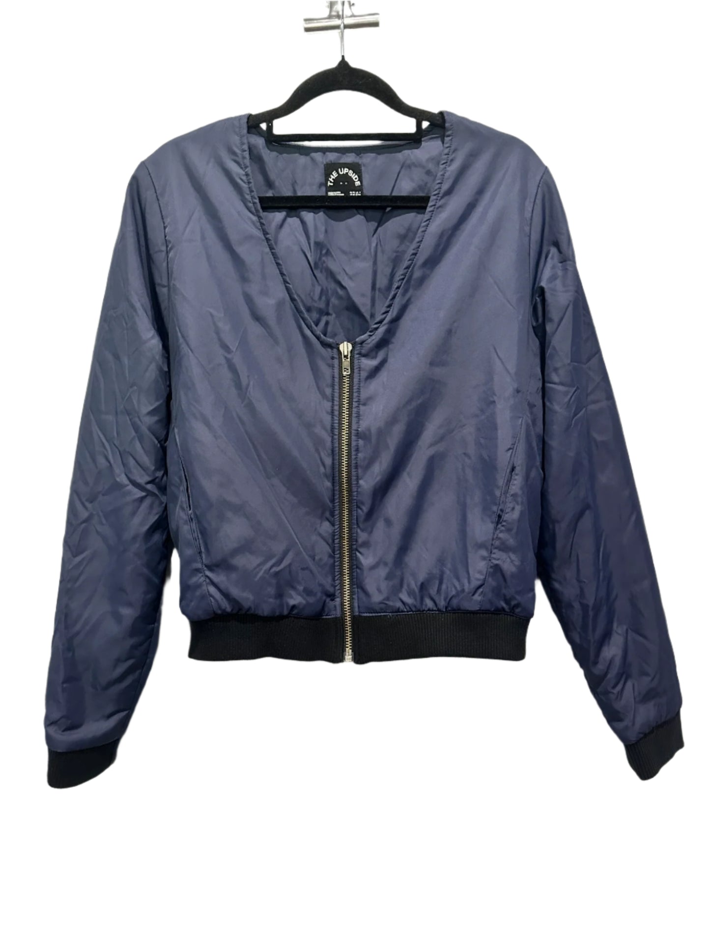 The Upside – Navy Zip Bomber Jacket with Wave Back Print