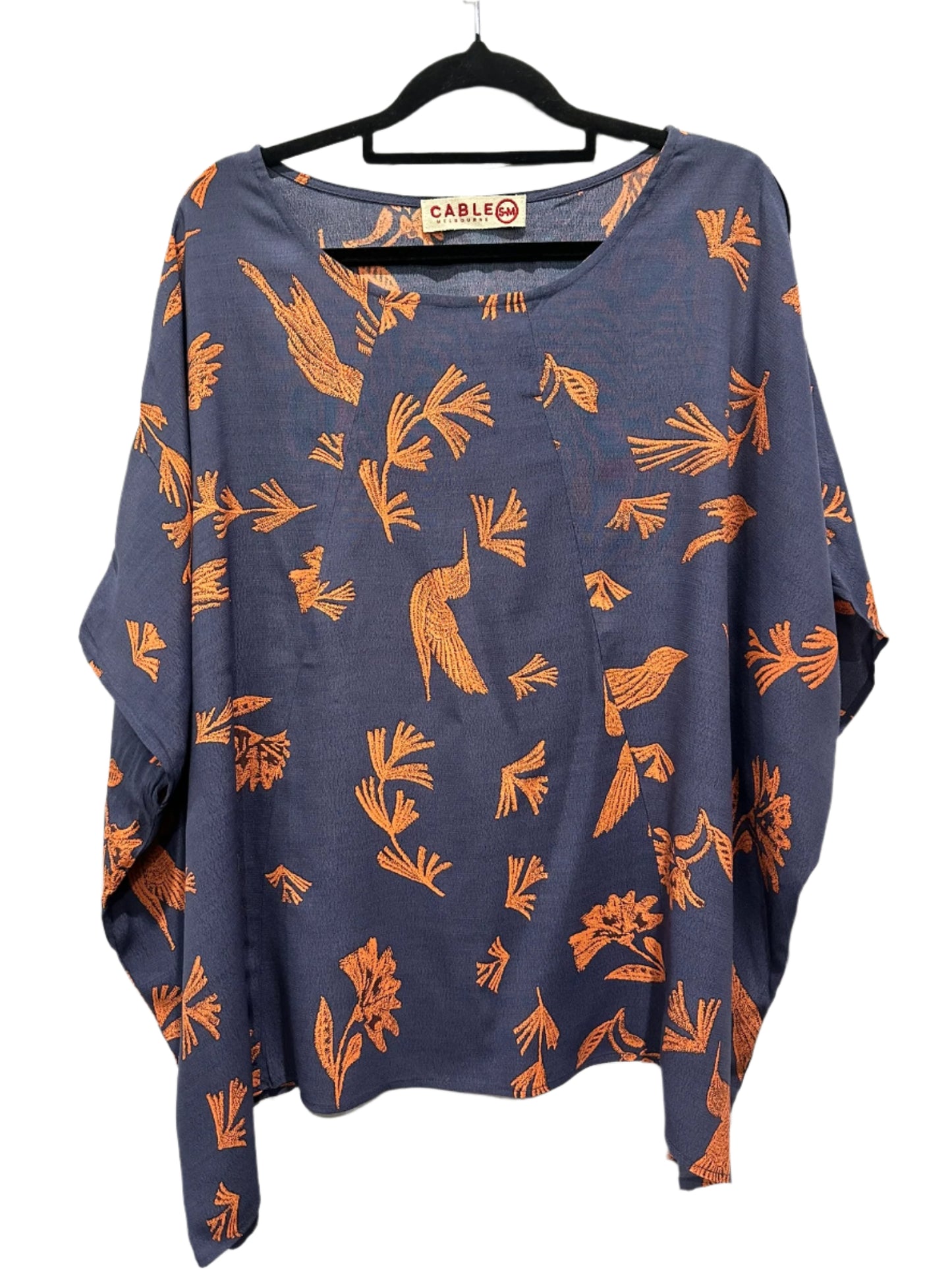Cable Melbourne – Navy & Orange Bird Print Batwing Top