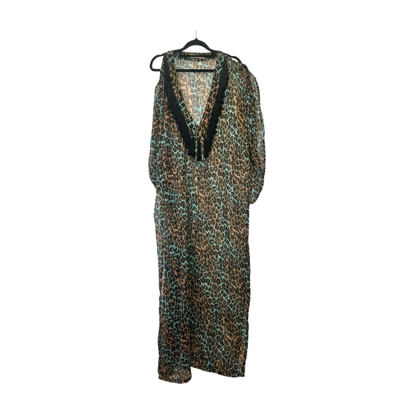 Shanti Butterfly - Animal Print Maxi Kaftan with Black Tassel Trim