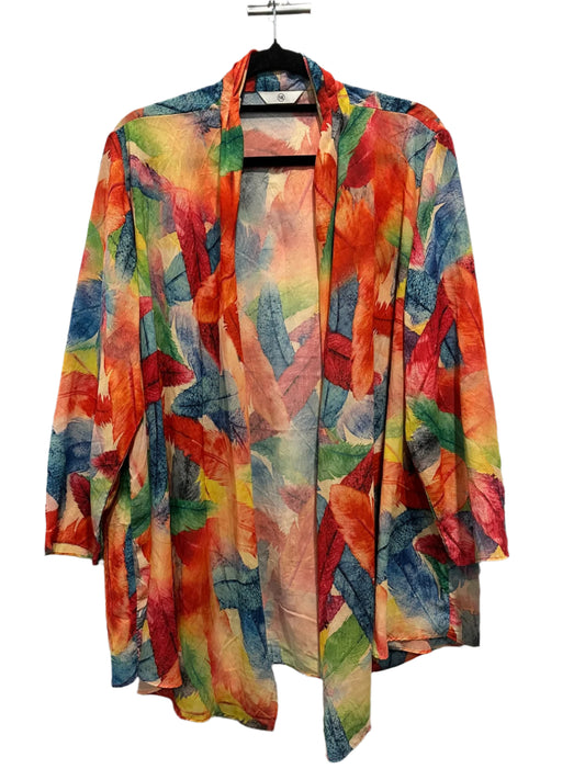 Vibrant Feather Print Sheer Drape Jacket