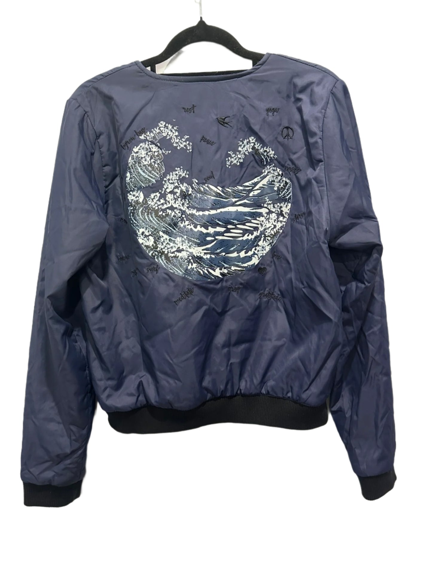 The Upside – Navy Zip Bomber Jacket with Wave Back Print
