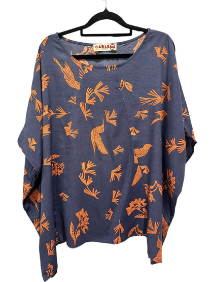 Cable Melbourne – Navy & Orange Bird Print Batwing Top